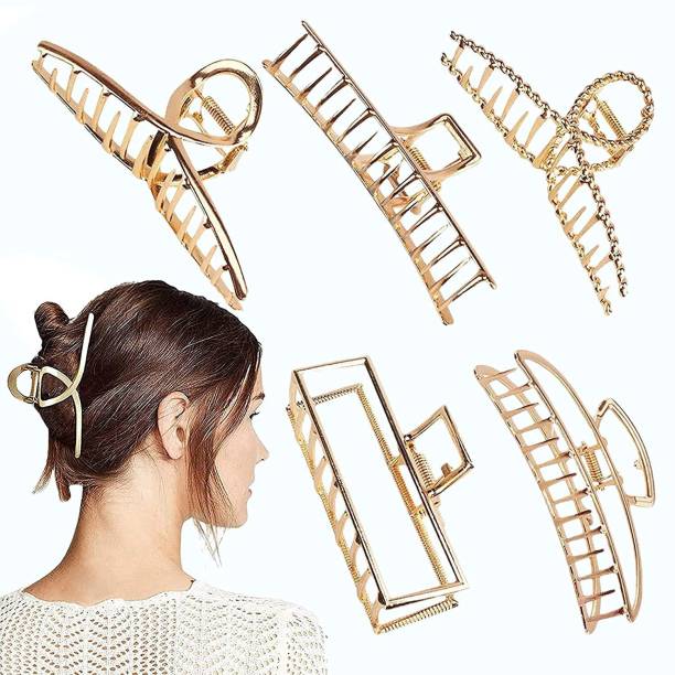 krelin Metal Claw Clips Hollow Non-slip Hair Barrette for Fixing Hair Clutchers Golden Silver Bronze Butterfly Girls and Women Minimalist Dainty Round Geometric Clamps Hair Accessory (Design large)(pack of 5) Hair Claw