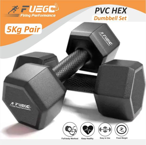 FUEGO TOUGH PVC HEX DUMBBELLS 5KGS PAIR, DUMBBELL SET FOR MEN, WOMEN, HOME GYM Fixed Weight Dumbbell