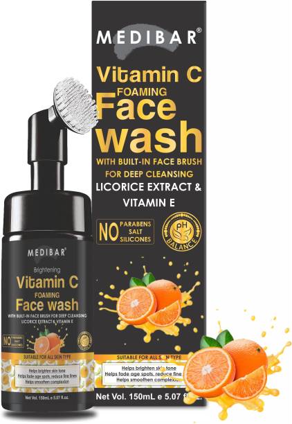 medibar Brightening Vitamin C Foaming with Built-In Face Brush for deep cleansing - No Parabens, Silicones, Salt - 150 ml Face Wash