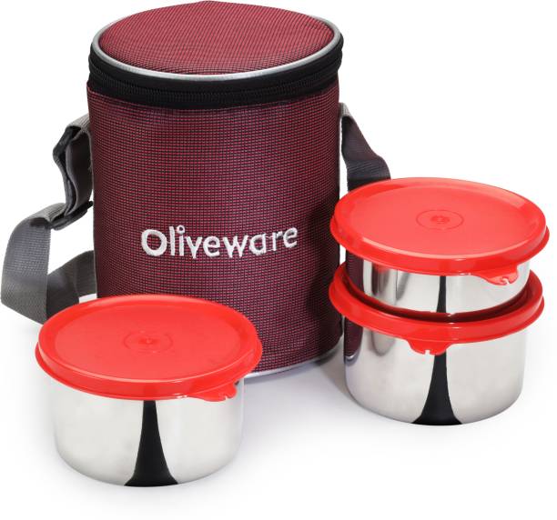 Oliveware Angelic Lunch Box | Stainless Steel Containers | Idle for Office Use | Insulated Fabric Bag | Leak Proof & Microwave Safe | Full Meal & Easy to Carry - Red 3 Containers Lunch Box