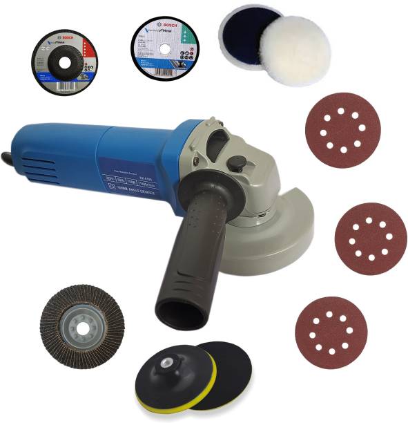 DUMDAAR Heavy duty Electric Angle Grinder Machine with 3pc Vecro pad 1pc Bosch Cutting and Grinding wheel 1p 5inch Wool Pad 1pc Flap wheel and 1pc 5inch Backing Pad (100 mm Wheel Diameter) Angle Grinder