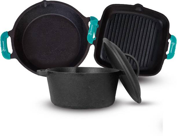 70’S KITCHEN Cast Iron Cookware Combo Set – Dutch Oven (5ltrs), Grill Pan (10.8Inch) & Skillet Pan (10Inch) for Cooking with sillicon handle…