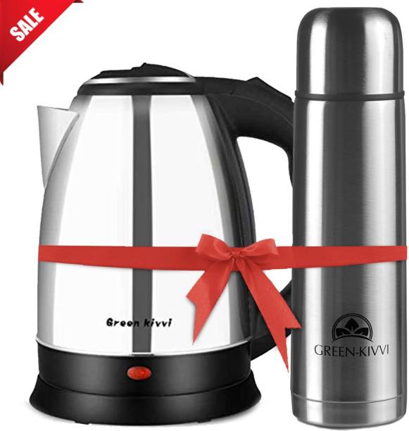 GREEN KIVVI MO-18-SS Stainless Steel Electric Kettle & Boiler With 1PC 500mL Bullet Flask ; High Quality Electric Kettle