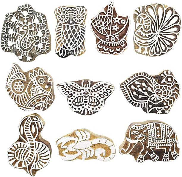 ASIAN HOBBY CRAFTS Wooden Printing Stamp Blocks Hand Carved for Textile Printing Mehandi Crafts and Canvas Printing Set of 10 Pieces Size : 2 inch to 3 inch Approx Printing Blocks