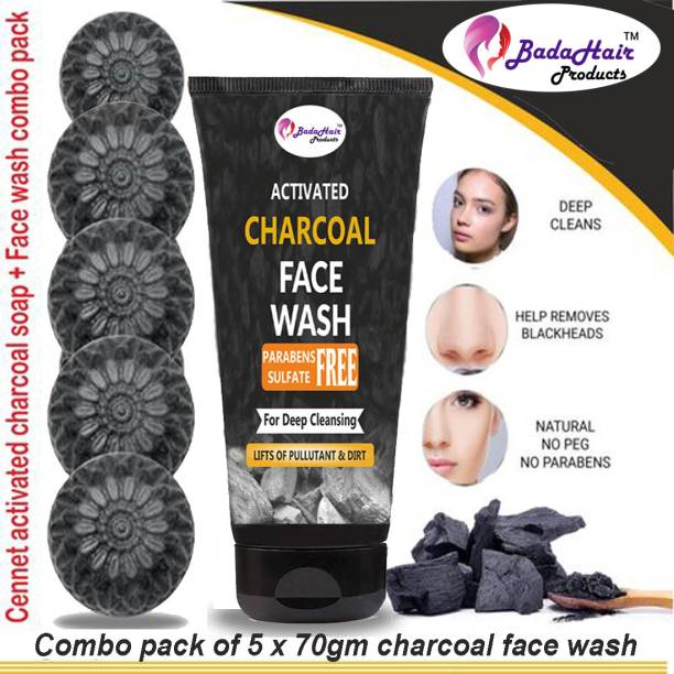 BadaHair Activated Charcoal Hand Made Deep Cleansing Bath Soap For Skin Whitening, Natural Detox Face & Body Soap for Acne, Blackheads,Pimple Skin Care with Activated Charcoal Face wash | Pack of 5+1 | 5 x 100 g.+70gm