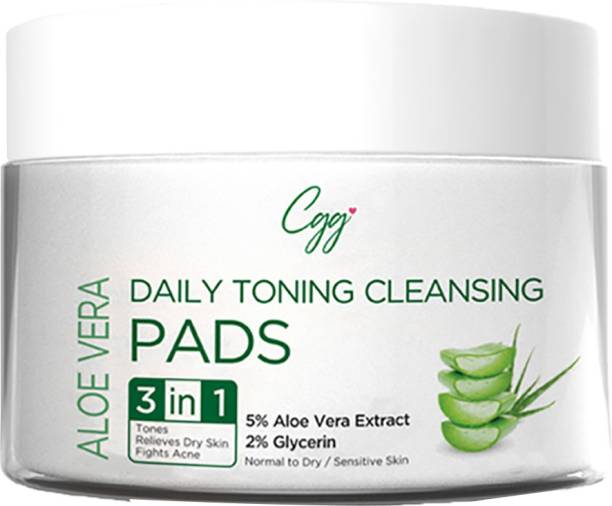 CGG Cosmetics Aloe Vera Daily Toning Cleansing Pads 3-In-1 Tones, Relieves Dry Skin & Fights Acne, Minimizes Pores for Face & Neck, All Skin Types, Vegan & Fragrance Free - 50 Pads Makeup Remover