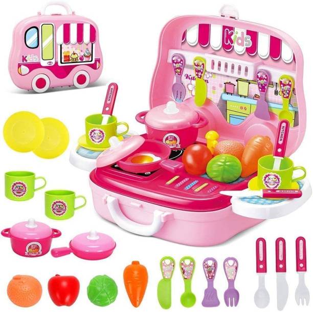 himanshu tex Kitchen Cooking Pretend Play Toy Set for Kids with Suitcase - Pink