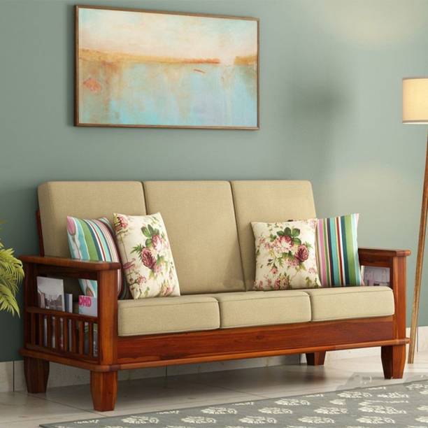 Douceur Furnitures Premium Quality Solid Wood/ Sheesham Wood Three Seater Sofa Set For Living Room/Office.|Finish:-Honey Finish||Cushion:-Cream| Fabric 3 Seater  Sofa