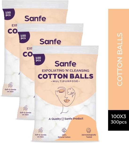 Sanfe Exfoliating & Cleansing Face Cotton Balls for Women - Pack of 300 | Apply and Clean makeup | Clean excess oil |Soft and gentle on the skin with 100% natural cotton