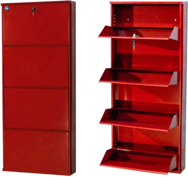 Delite Kom 24 Inches wide Four Door Powder Coated Wall Mounted Metallic Brick Red Metal, Metal, Metal Shoe Rack