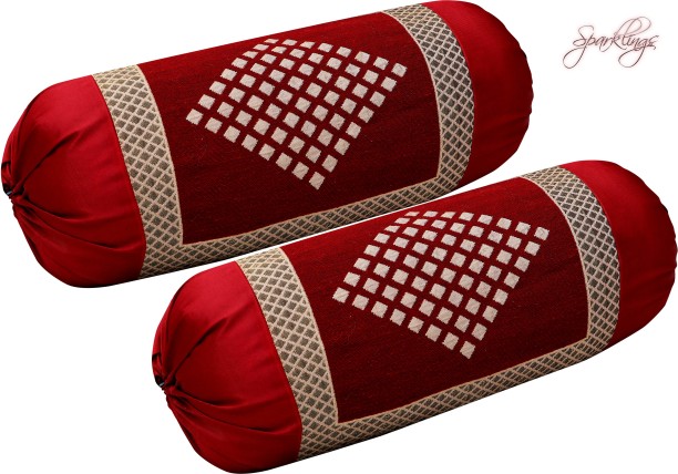 76x38 cm Set of 2 Stylo Culture Indian Polydupion Cylindrical Hotdog Pillow Bolster Pillow Covers Maroon Jacquard Brocade Border Elephant Large Settee Cylinder Cushion Covers | 30x15 Inches