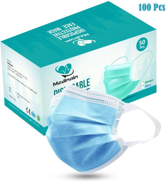 MEDINAIN 3 Ply and Disposable With Soft Elastic Ear Loops, 95% Particle Filtration CE, and ISO and WHO-GMP Certified With Built-In Adjustable Nose Clip and Medical Face Mask Surgical Mask