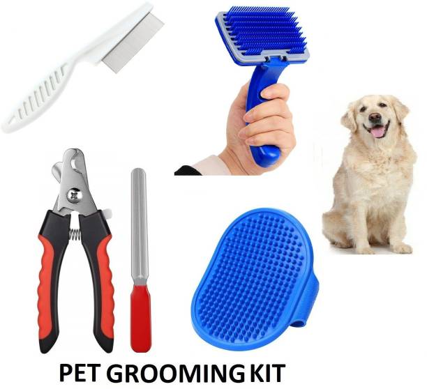 Hachiko Best Quality Imported (Combo of 4) Dog Needs High Quality Nail clipper + Flea Comb + Gloves + Bath Gloves Bath Scrub Gloves for Cleaning Washing for All Pets Dog, Cat, Rabbit, Hamster Plain/ Bristle Brushes for  Dog, Cat, Rabbit, Hamster