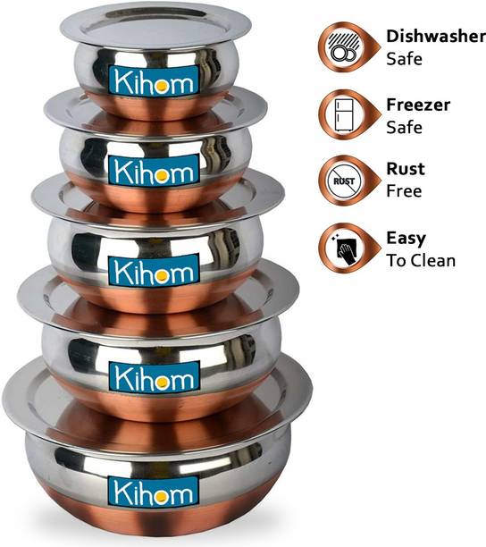Kihom Copper handi Set with Lid Induction Bottom Cookware Set (Stainless Steel, Copper, 5 PCS HANDI AND 5 PCS LID (10-Piece) Induction Bottom…