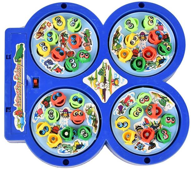 Qbik Fishing Fish catching Game with 26 pcs of Fish, 2 Rotary Fish Pond and 4 pods Includes Music and Light Function (Multi Color) Board Game Accessories Board Game