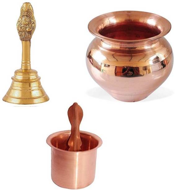 AANU Copper & brass Pooja Samagri || Set of 3 Pcs, Pooja Kalash/Lota, Ghanti and achmani Spoon for Temple and Home Use for All Festive Items Pooja Accessories @@ (Pack of) Brass, Copper Kalash