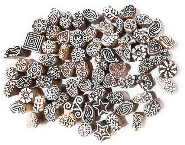 Set of 10 Mehndi Wood Blocks Elegant Small Floral Round Shape Printing Stamps 