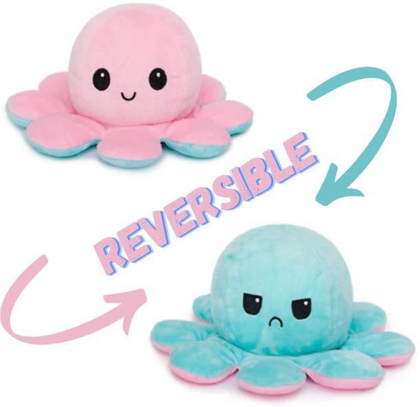 Dolite Soft Stuffed Sky Blue & Pink Cute Reversible Octopus with Moods | Show Your Mood without saying a word | Universal Toy  - 12 cm