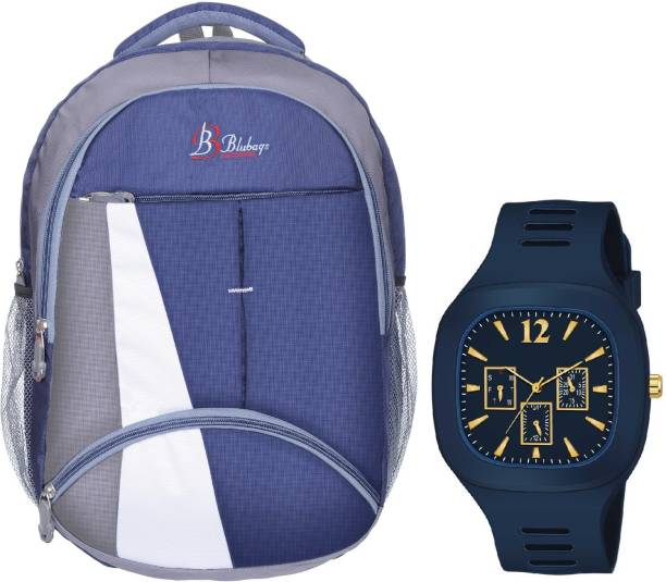 blubags Bags 36 liters Dark Blue Backpack & Square Dark Blue Analogue Watch School Bag