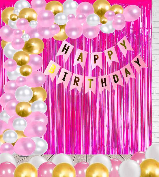 Realistic Store Solid Happy Birthday Pink Banner Balloons & Curtain Foil With 50 metallic balloons Decoration kit for Girls / Boys Kids Balloon