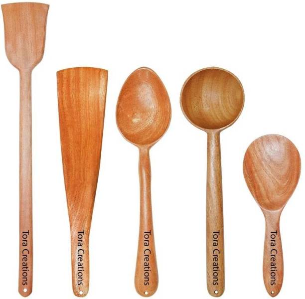TORA CREATION TC Pack of 5-30 Neem Wood Spatula Cooking & Serving Wooden Ladle Non Stick Daily Use Brown Kitchen Tool Set