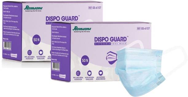 Romsons Dispo Guard 3 Ply Disposable Mask With Softest Non-Woven Fabric Ear Loops, 50Pcs/Pack (Pack of 2), 100 Pcs for Unisex - Without Valve, White Dispo Guard 3 Ply Mask With Softest Ear Loops Surgical Mask With Melt Blown Fabric Layer Surgical Mask With Melt Blown Fabric Layer