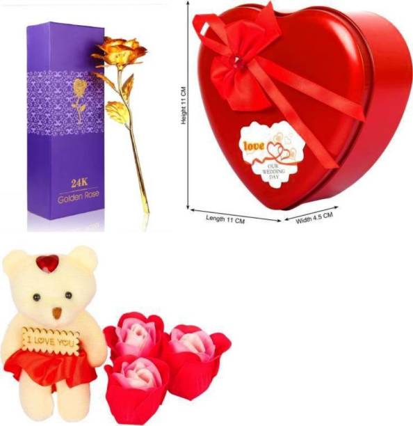 ganesha Handicraft Golden Rose & Heart Box Multicolor Rose Artificial Flower