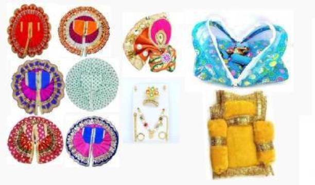 APNAA Agency Laddu Gopal Ji pack of 6 poshak, 1 Jewellery set,1 Pagdi and 1 Mosquito Net, Kanha Ji, Bal Gopal,Thakur ji Size ( 0 to 2 )(Cotton, Silk), Krishna, Kanha Dress