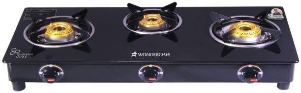 WONDERCHEF Ultima 3 Burner Glass Gas Cooktop, Black Toughened Glass With 1 Year Warranty, Ergonomic Knobs, Heat-Efficient Brass Burners, Stainless-Steel Spill Tray, Manual Ignition Iron Manual Gas Stove