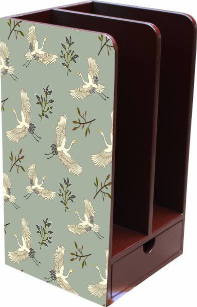 EW Multi Purpose Wooden Books Organizer with Drawer | Pen Stand, Pencil Stand | Stationery Stand for Office | Desk Organizer | Kitchen Organizer (Brown Color, Bird Theme) Table Top Magazine Holder