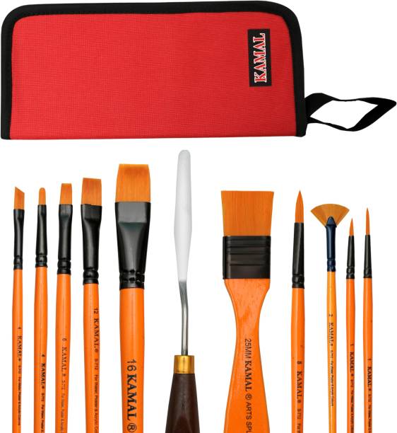 KAMAL PREMIUM Mixed Brush Set of synthetic bristle for Watercolor, oil, acrylic, Painting with FREE BRUSH HOLDER and FREE painting pallette knife 12 PCS Set of 10 brushes + 1 painting knife+ 1 Brush holder bag