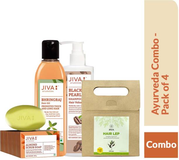 JIVA AYURVEDA Combo - Almond Scrub Soap (100 g, Pack of 5), Bhringraj Oil (120 ml), Black Pearl Shampoo (200 ml) and Hair Lep (100 g)