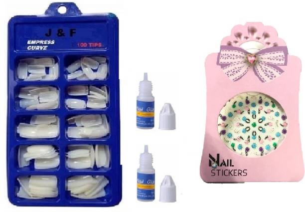 J & F Artificial Arylic 100 Nails With 2 Glue With Mix Design Stickers