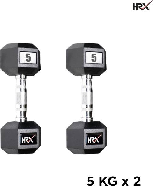 HRX Rubber Coated Professional (5 kg x 2) Home Workout Hex Fixed Weight Dumbbell
