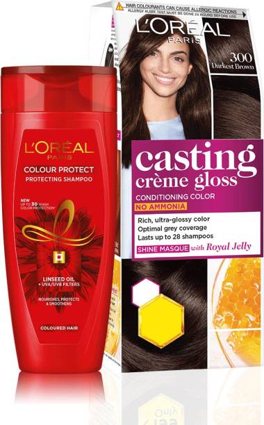L'Oréal Paris Casting Creme Gloss Hair Color, Darkest Brown, 21g + 24ml Colour Protect Shampoo , Shade 300, Darkest Brown