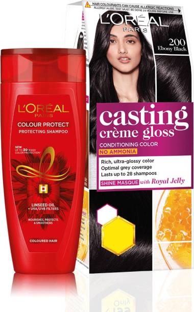 L'Oréal Paris Casting Cr�me Gloss Hair Color, 200 - Ebony Black, 21 g + 24 ml + Colour Protect Shampoo, 82.5ml - Pack of 2 , 200 Ebony Black