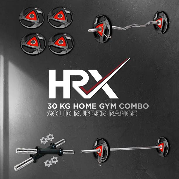 HRX 30 kg Professional Metal Integrated Rubber Plates Set with 3 Ft Curl, One 5 Ft Plain and One Pair Dumbbell Rods Home Gym Combo