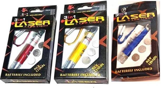 deepak badkur 3 in 1 Laser Light, LED Flashlight + Torch Keychain + Laser Pointer (Pack of 3 ) with 3 Button Size Cell (650 nm, Multi Color)
