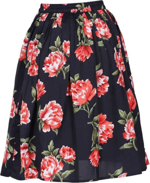 Trefle Floral Print Girls Flared Black Skirt