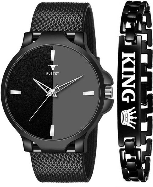 RUSTET Designer Round Dial PU Strap Boy’s Watch & Bracelet Combo Analog Watch – For Men