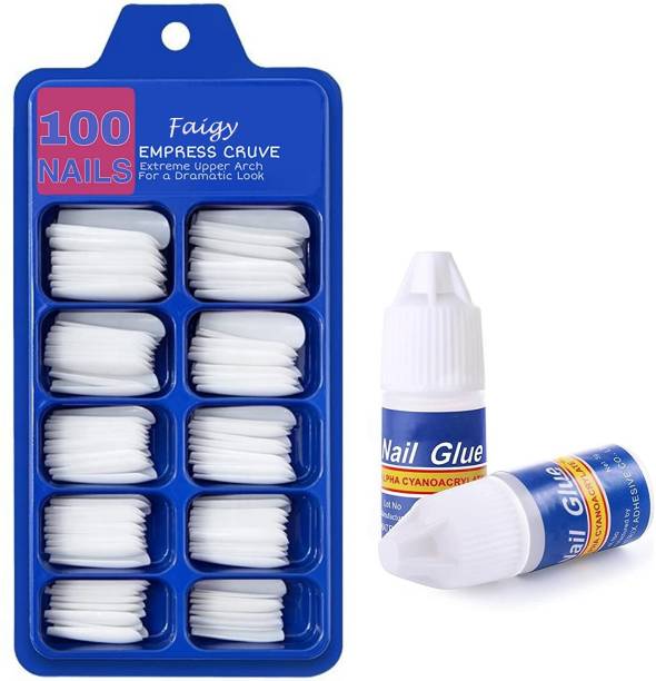Faigy Fake Acrylic Natural Nails (100 Pcs) With (1 Pcs) Nails Glue White
