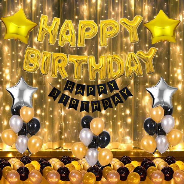Party Station Solid Pack of 66 pcs Happy Birthday Decoration Kit - 1 Set of Happy Birthday Foil Balloon + 1 set of Happy Birthday Card Banner + 45 pcs of Black, Silver & Golden Metallic Balloons + 4 pcs of Silver & Golden Star Foil Balloon + 2 pcs of 10mtr fair light + 1 Balloon Pump Balloon