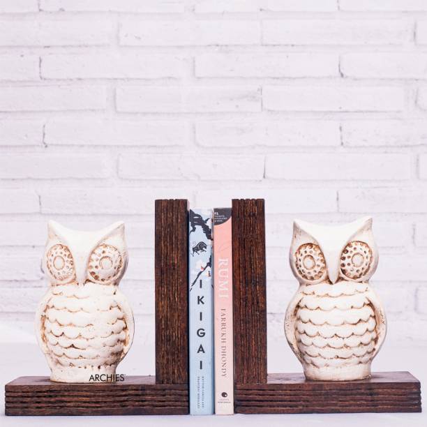 ARCHIES Bookcase Bookend Stand Holder Book Racks (37 X 23 X 13 Cm, Off White, Owl Bookend) for Books, Kids, Reading, Cookbook, Textbook, Bookshelves, Non Skid Book Stoper,Home & Office Decorations Decorative Showpiece  -  19 cm