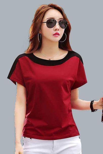 BASE 41 Solid Women Round Neck Red T-Shirt
