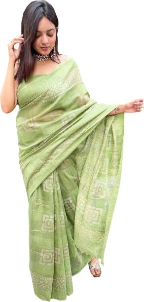 Geometric Print Hand Batik Tussar Silk Saree Price in India