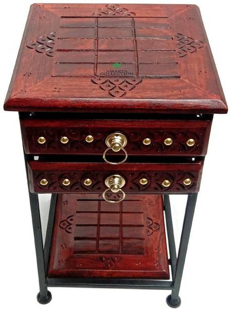 Smarts collection Wrought Iron Contemporary Bedside Table *Antique Look Corner Table with Two Drawer Storage & Shelf for Home & Office* *Glossy Red Wooden Finish* *Drawer Storage for Keys & Notes* Metal Side Table