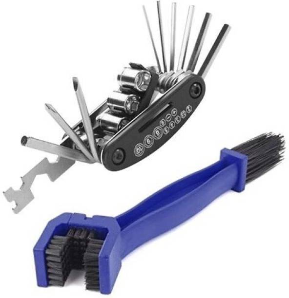 GADGET DEALS Combo of Chain Cleaner Brush and 15 in 1 Multi-function Tools Kit Spoke Wrench Cycling Bicycle Chain Cleaner Brush & Tool Kit