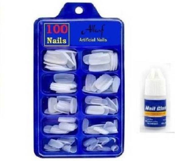 MH collection Artificial Gold Finger Empress Tips Fake Nails With Glue Bottle White (Pack of 100) white
