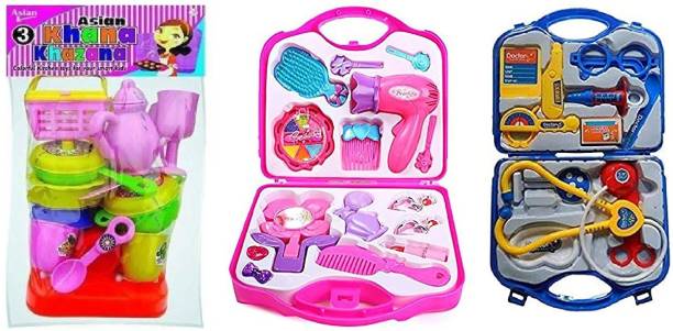 MGT CREATION Combo of Pretend Plastic Khana Khazana Kitchen Set, Doctor 16 Pcs Toy Set and Beauty 22 Pcs Makeup Toy Set for Boys Girls Kids Play Indoor Game Best Gift Multi Color (Pack of 3 Set) ( Colors may vary from picture )