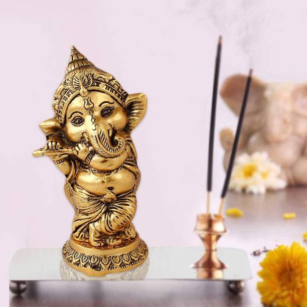 Love And Joy Golden Finished Lord Bansuri Ganesh for Temple Home Decor Decorative Showpiece - 15 cm (Gold) Decorative Showpiece  -  15 cm